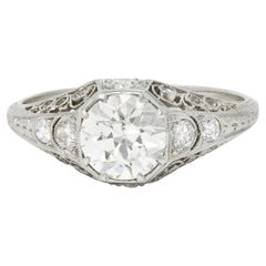 Art Deco Old European Diamond Platinum Antique Scroll Filigree Engagement Ring
