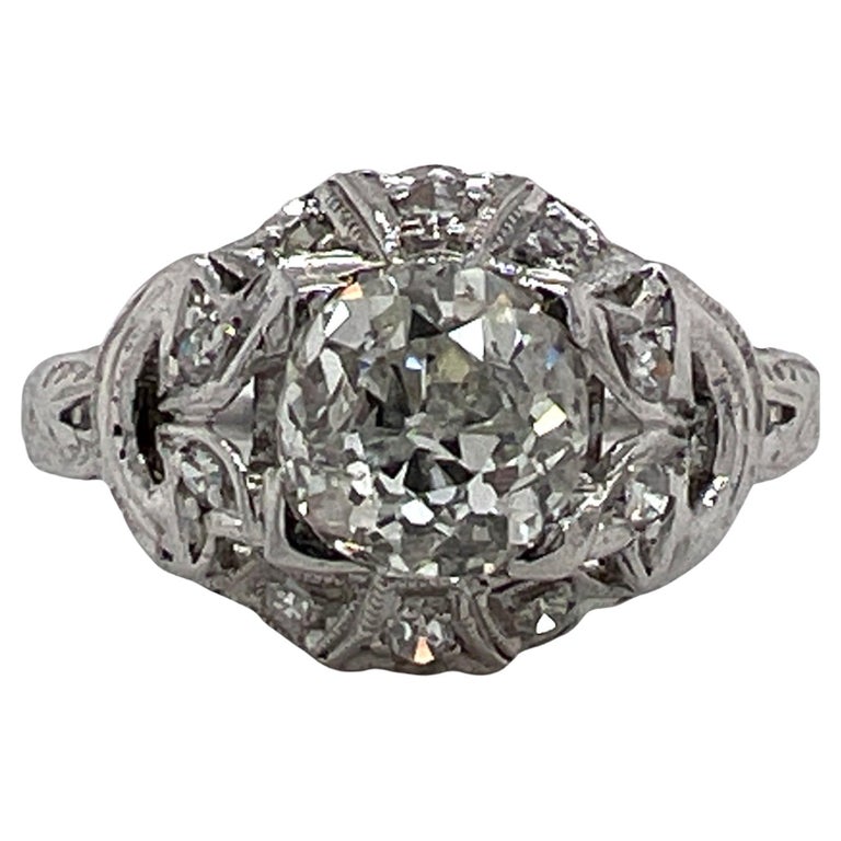 Art Deco Old European Diamond Platinum Engagement Ring Estate For Sale