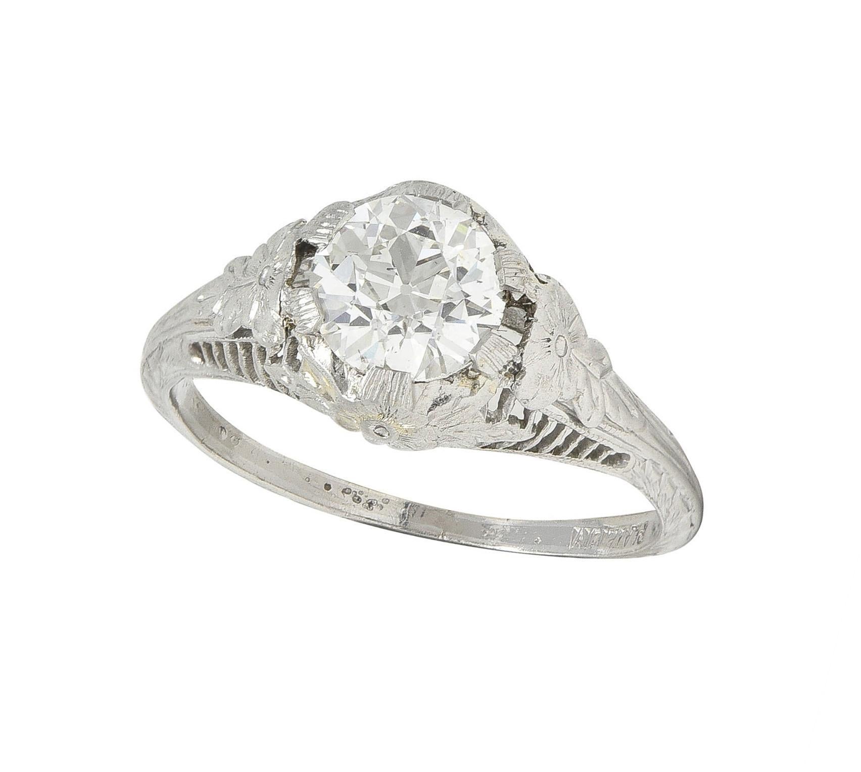 Art Deco Old European Diamond Platinum Orange Blossom Vintage Engagement Ring For Sale 6