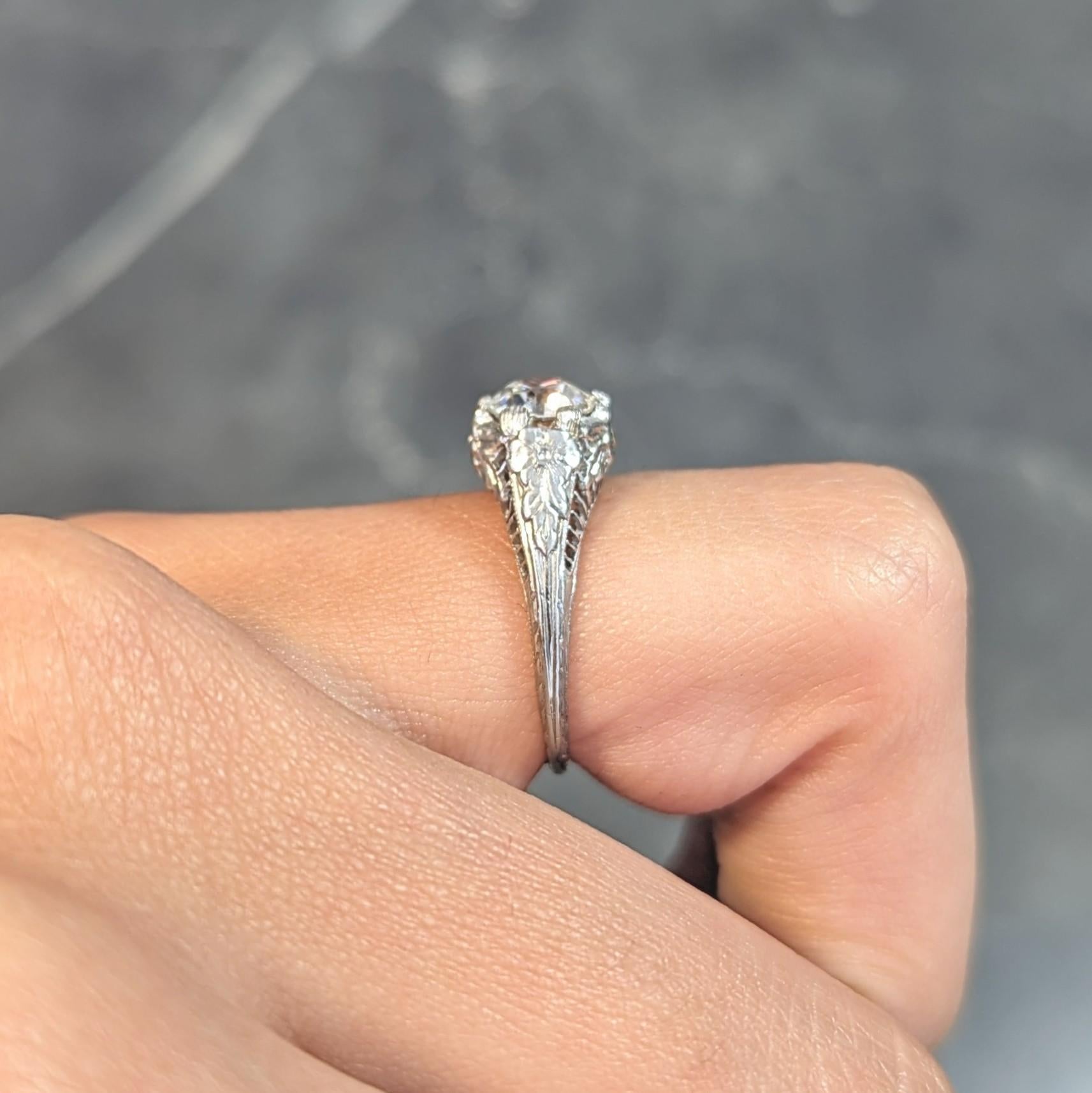 Art Deco Old European Diamond Platinum Orange Blossom Vintage Engagement Ring For Sale 11