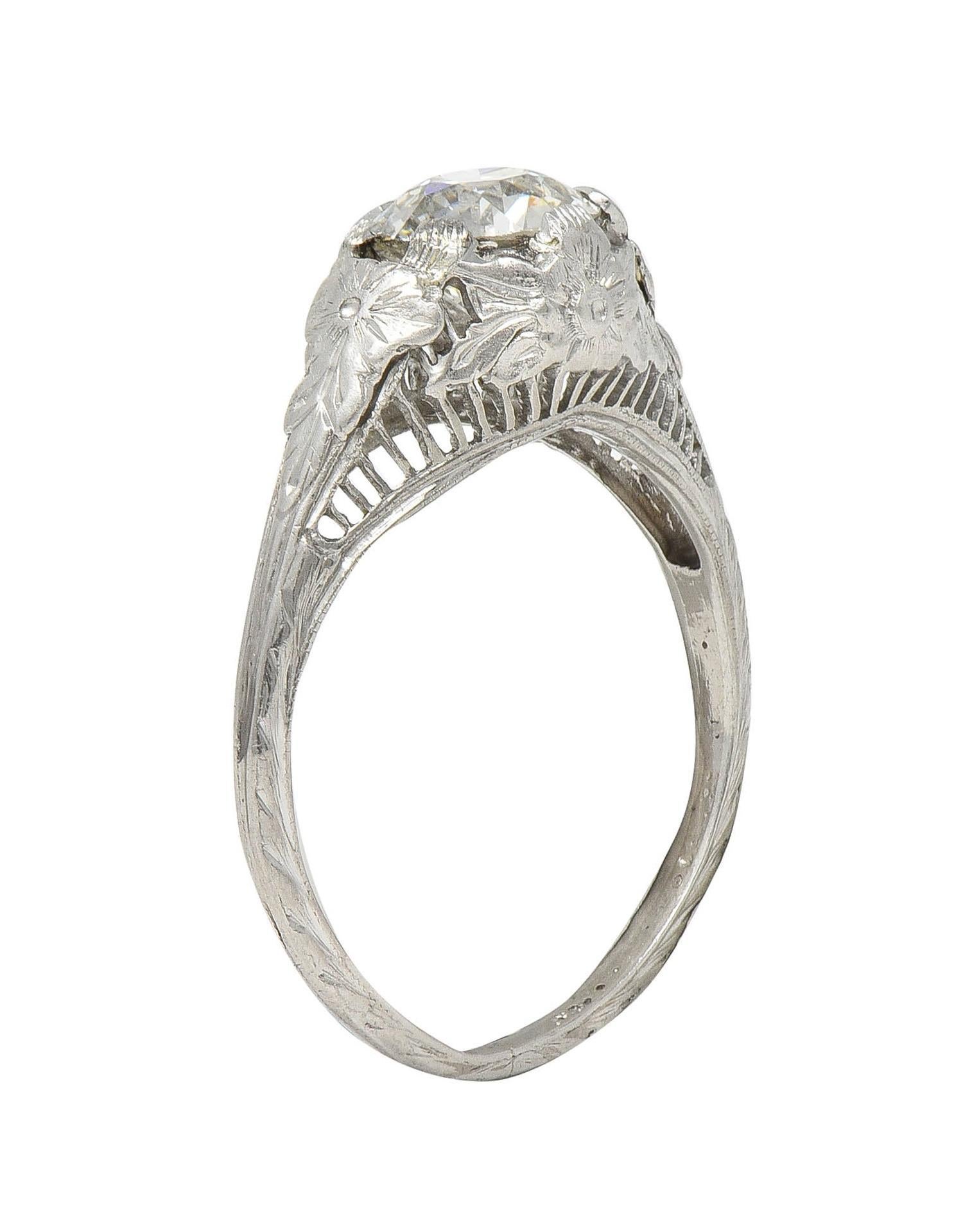 Art Deco Old European Diamond Platinum Orange Blossom Vintage Engagement Ring In Excellent Condition For Sale In Philadelphia, PA