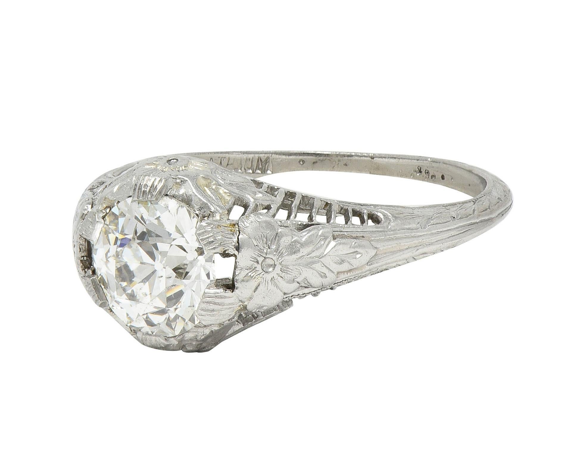 Art Deco Old European Diamond Platinum Orange Blossom Vintage Engagement Ring For Sale 3