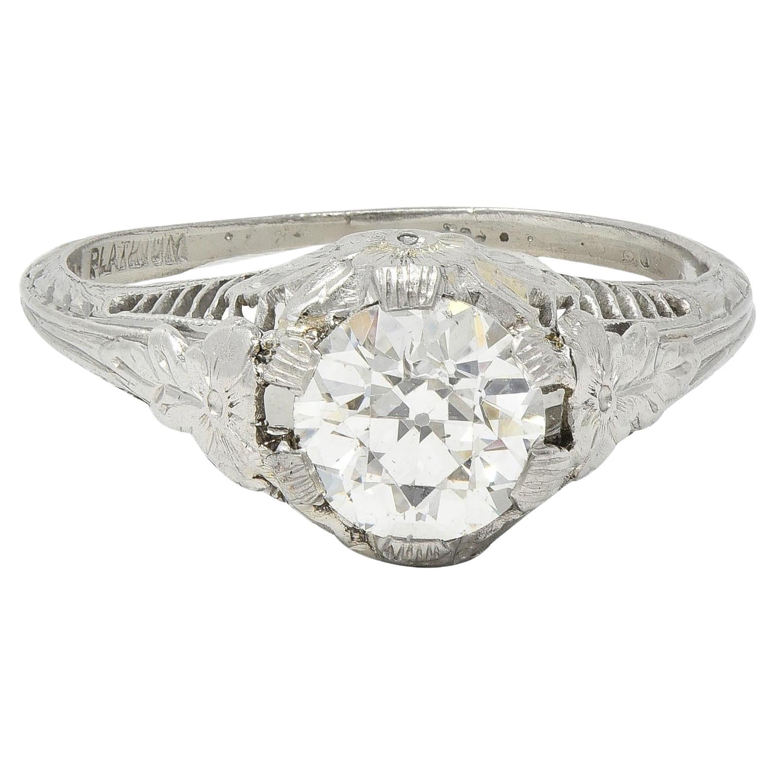 Art Deco Old European Diamond Platinum Orange Blossom Vintage Engagement Ring For Sale