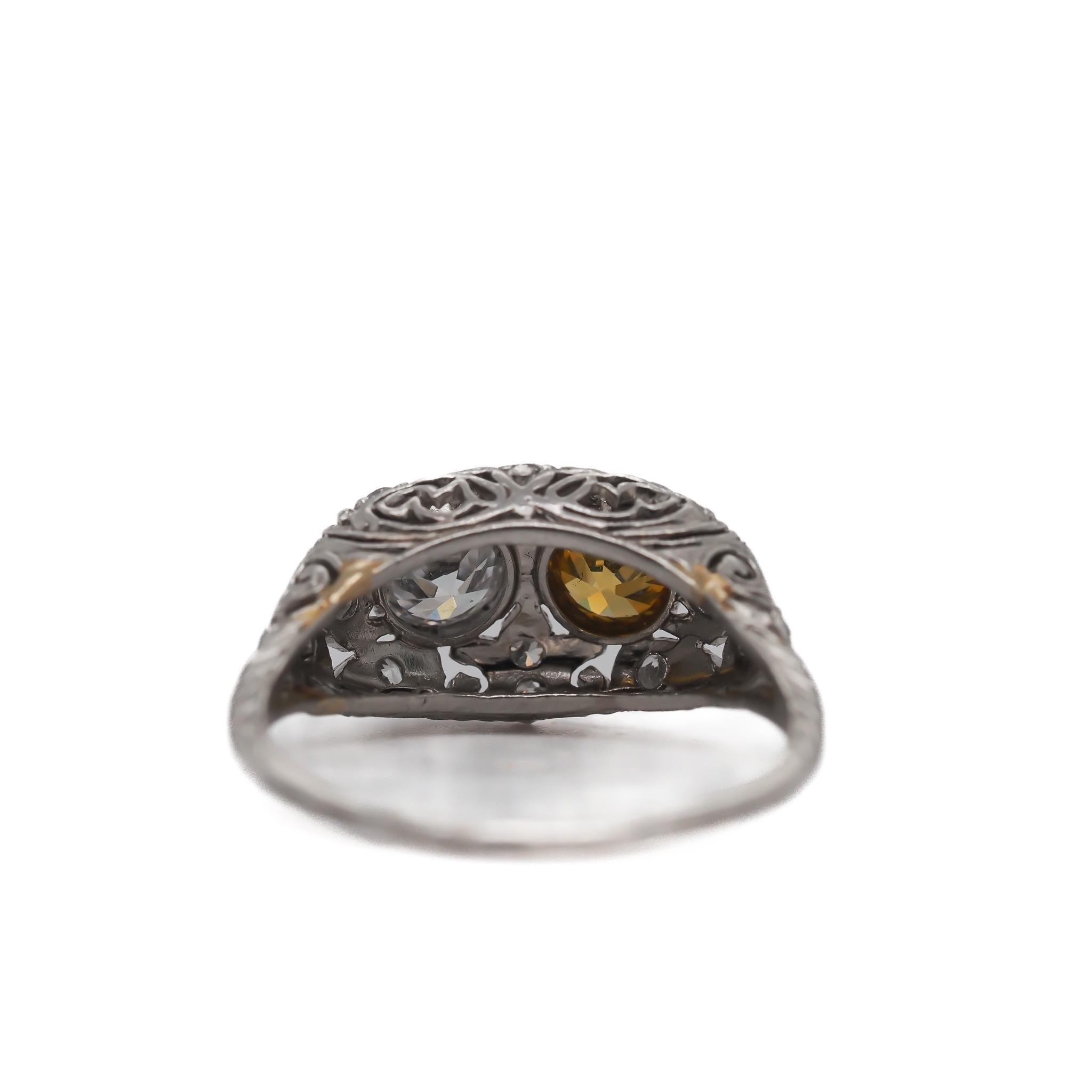 Old European Cut Art Deco Old European Diamond Platinum Ring w/ 2 Large Old European Diamond For Sale