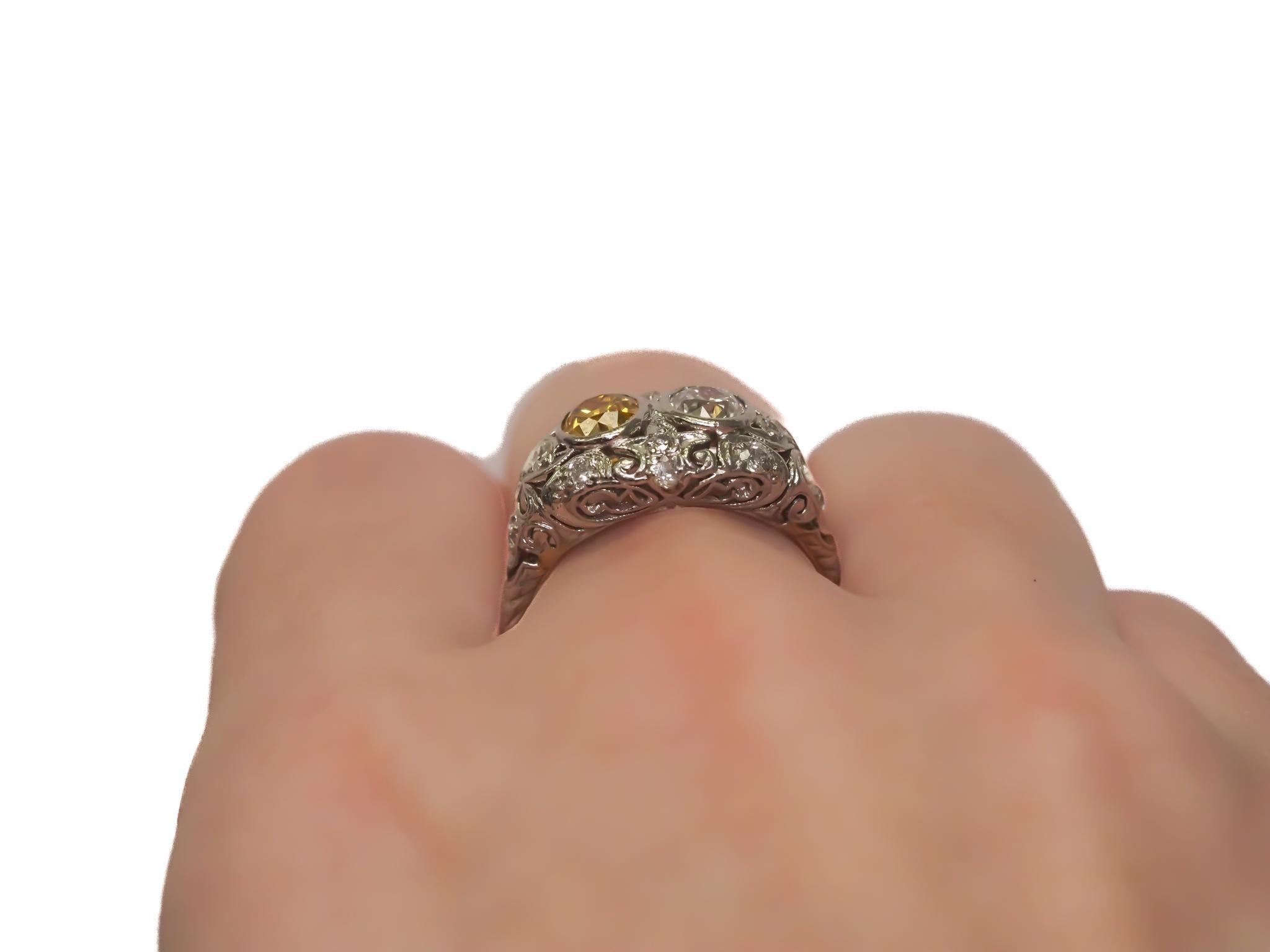 Art Deco Old European Diamond Platinum Ring w/ 2 Large Old European Diamond For Sale 1