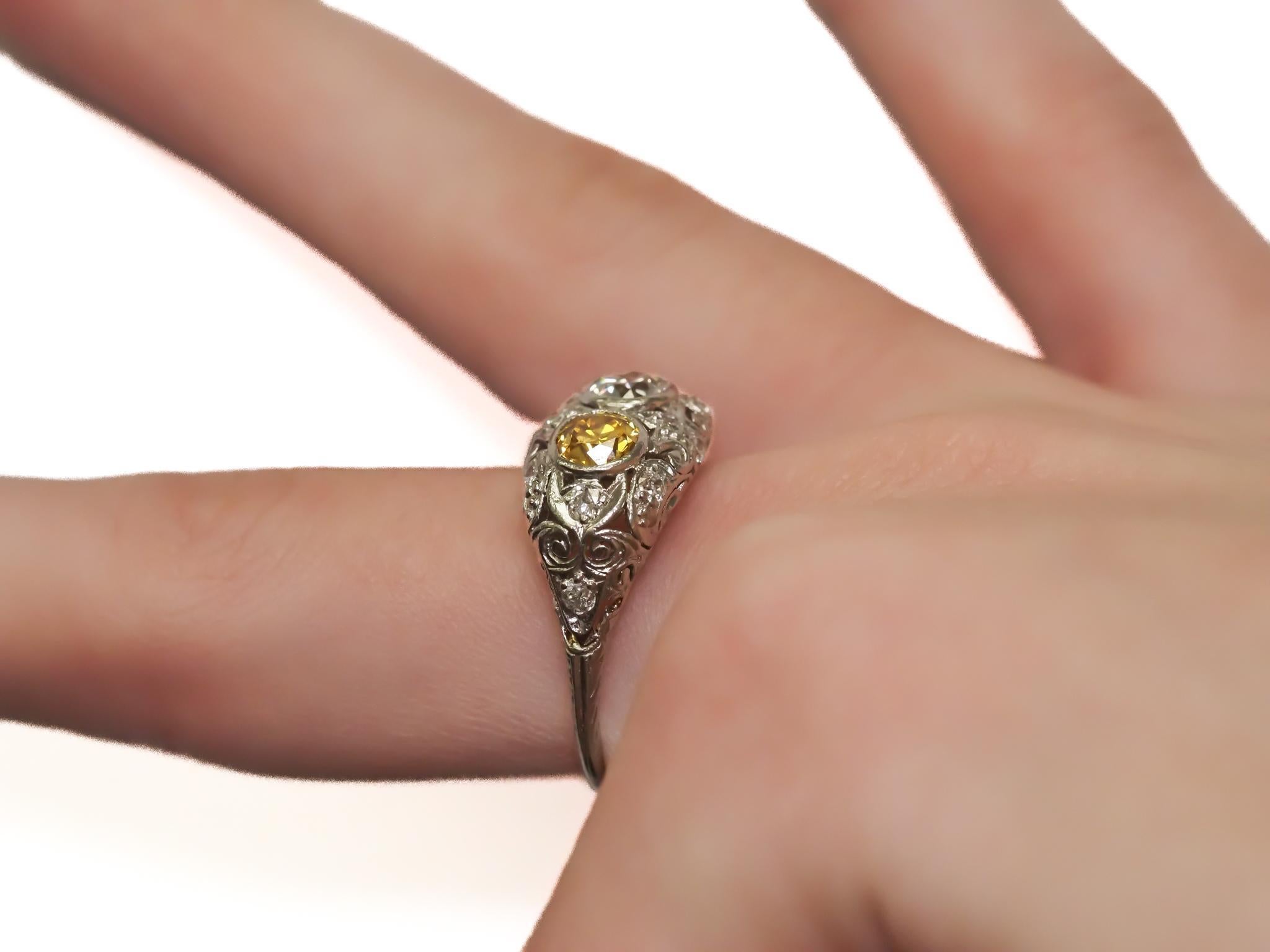 Art Deco Old European Diamond Platinum Ring w/ 2 Large Old European Diamond For Sale 3
