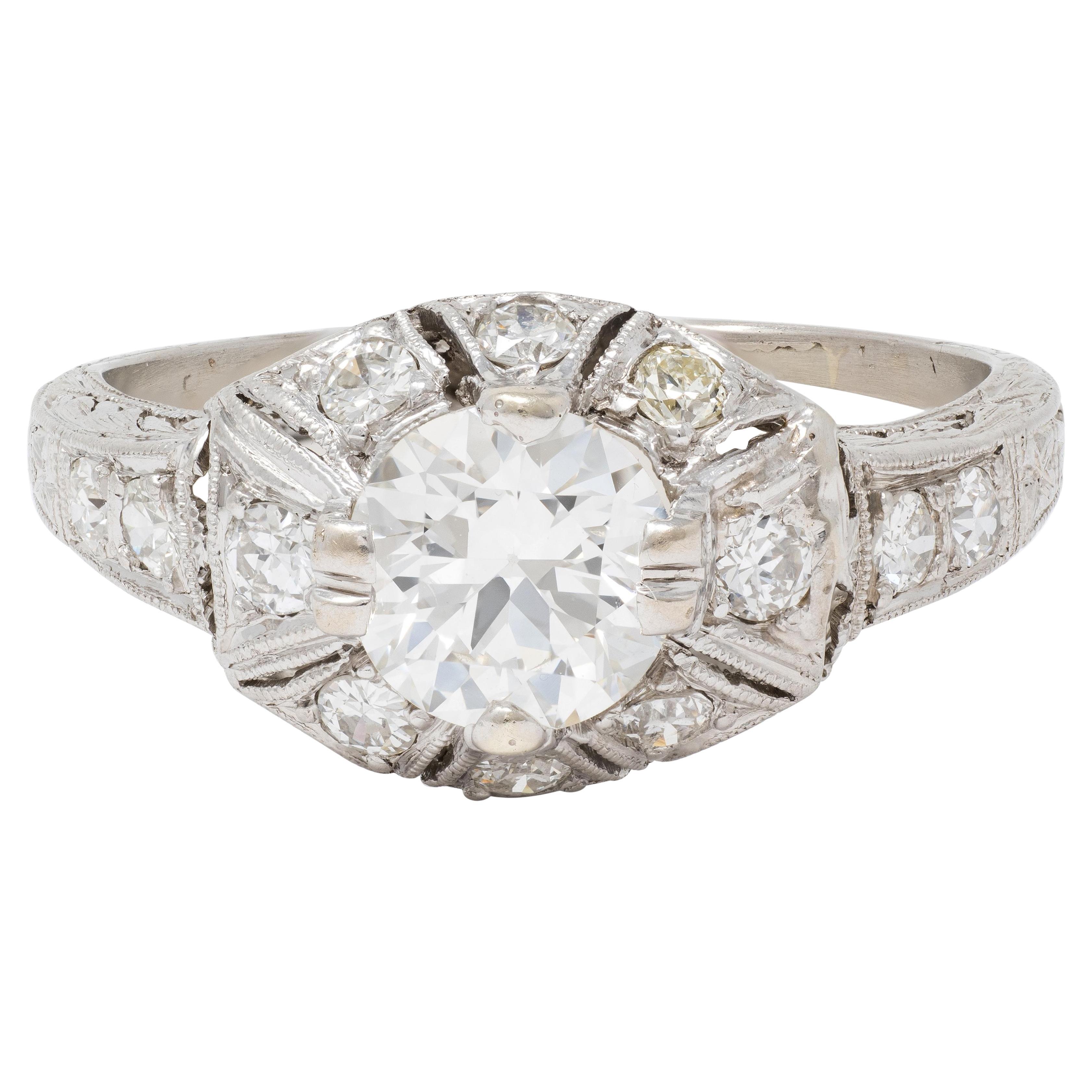 Anillo de Compromiso Art Decó Antiguo Diamante Europeo Platino Vintage Palmera Desplazante en venta