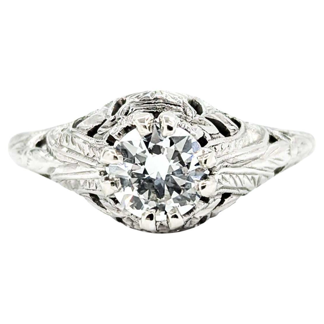 Art Deco Old European Diamond Ring in 18k White Gold