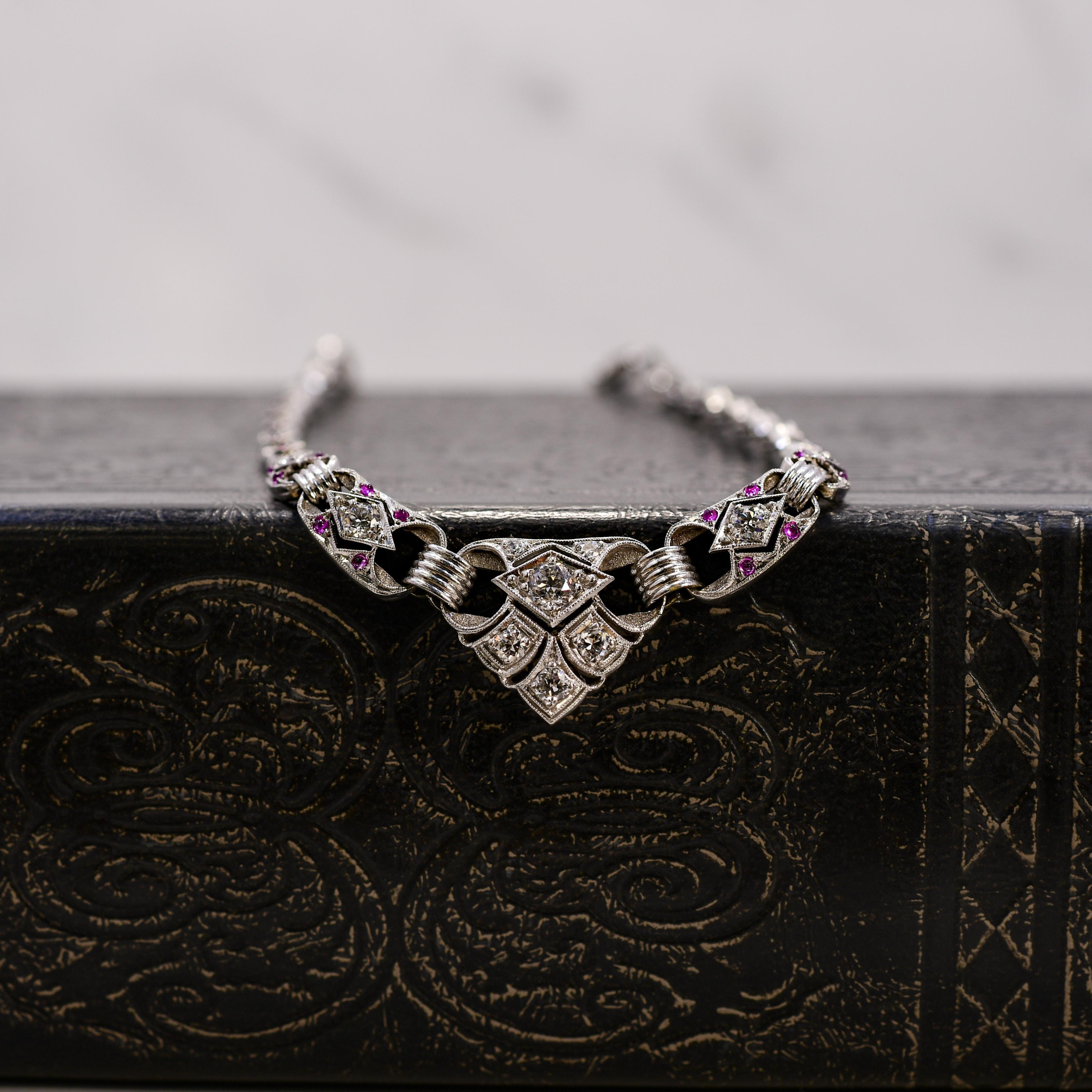 Art déco Art Deco Old European Diamond & Ruby Cab Vintage 14K White Gold Necklace en vente