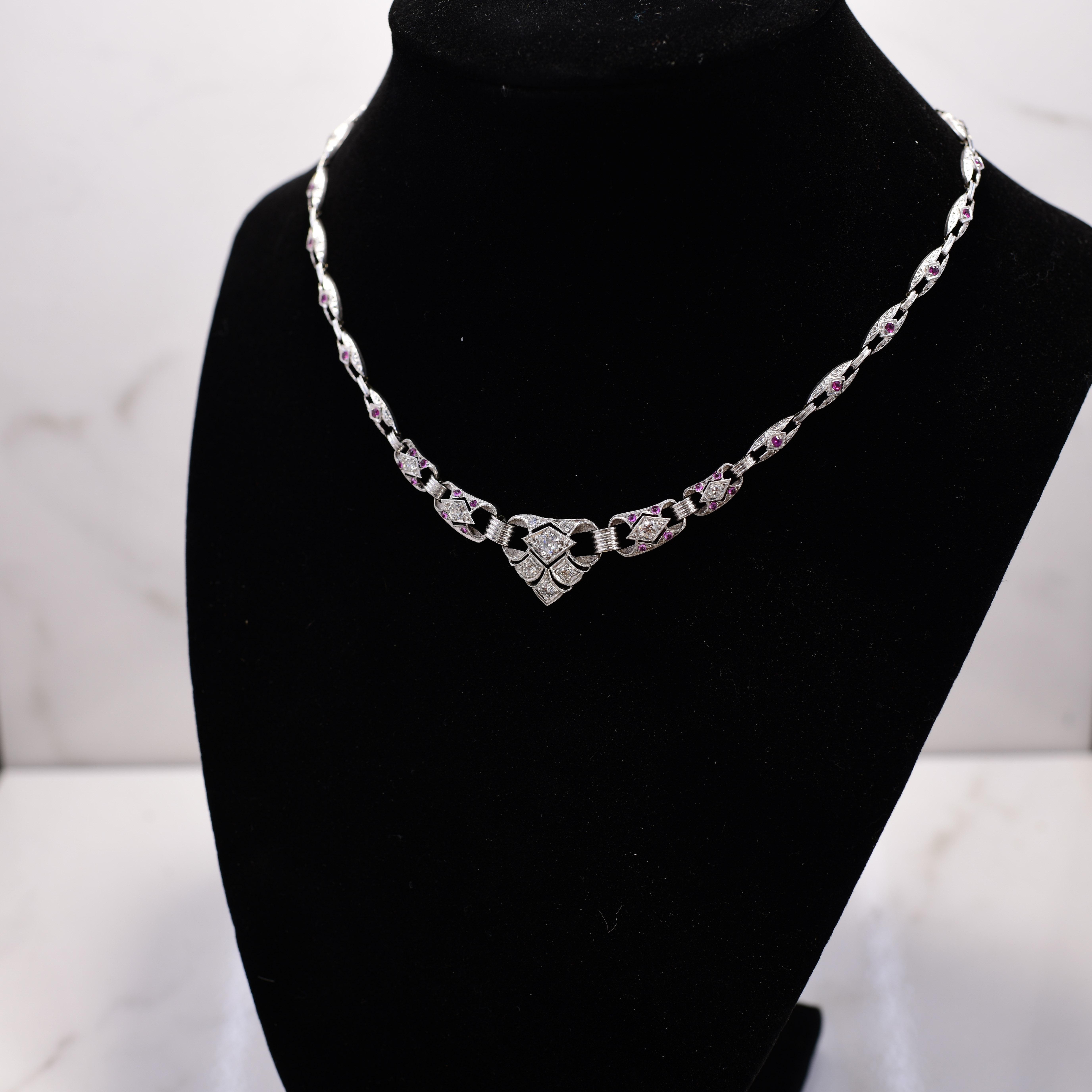 Art Deco Old European Diamond & Ruby Cab Vintage 14K White Gold Necklace In Good Condition For Sale In Addison, TX