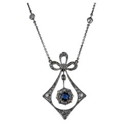 Art Deco Old European Diamond Sapphire 14 Karat Two Tone Gold Pendant Necklace
