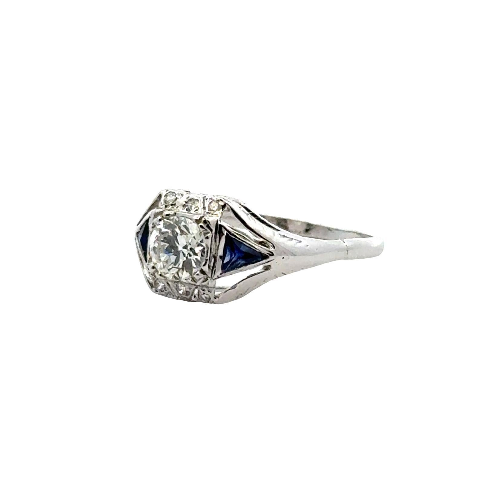 Women's Art Deco Old European Diamond & Sapphire 14 Karat White Gold Engagement Ring For Sale