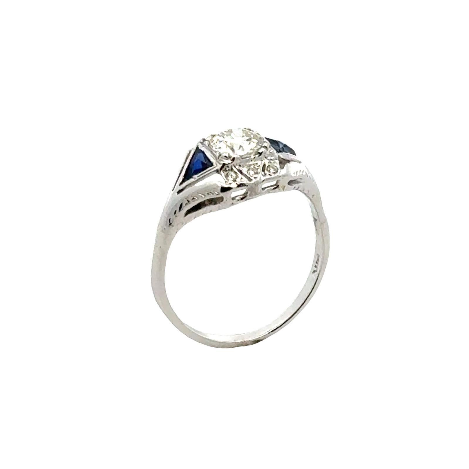 Art Deco Old European Diamond & Sapphire 14 Karat White Gold Engagement Ring For Sale 1