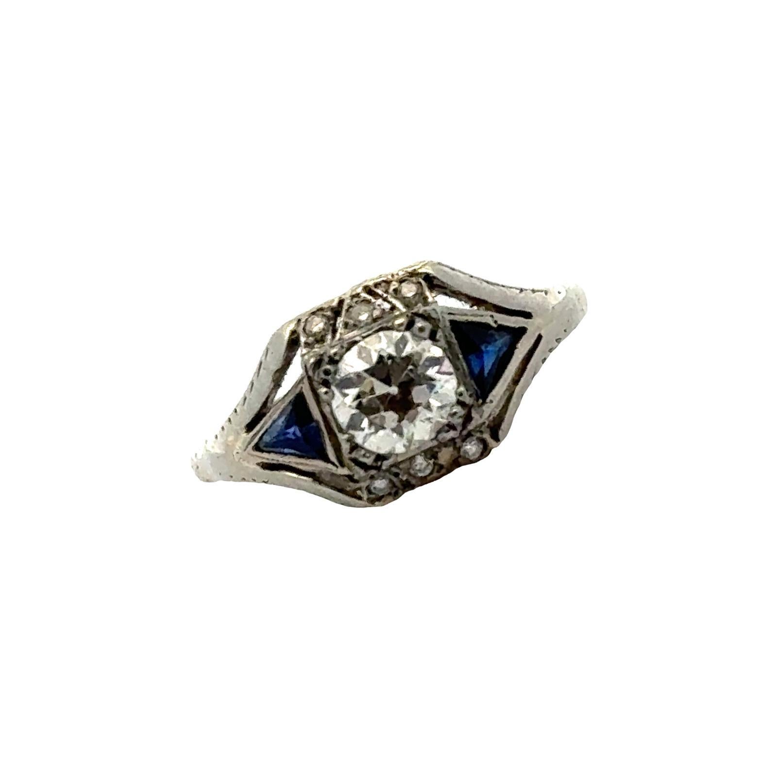 Art Deco Old European Diamond & Sapphire 14 Karat White Gold Engagement Ring For Sale 2