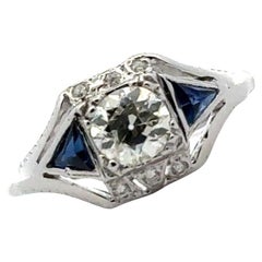 Art Deco Old European Diamond & Sapphire 14 Karat White Gold Engagement Ring