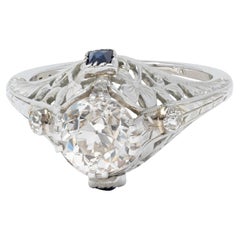 Art Deco Old European Diamond Sapphire 18K White Gold Vintage Engagement Ring