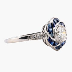 Art Deco Alter europäischer Diamant & Saphir Blumenmotiv Verlobungsring Platin