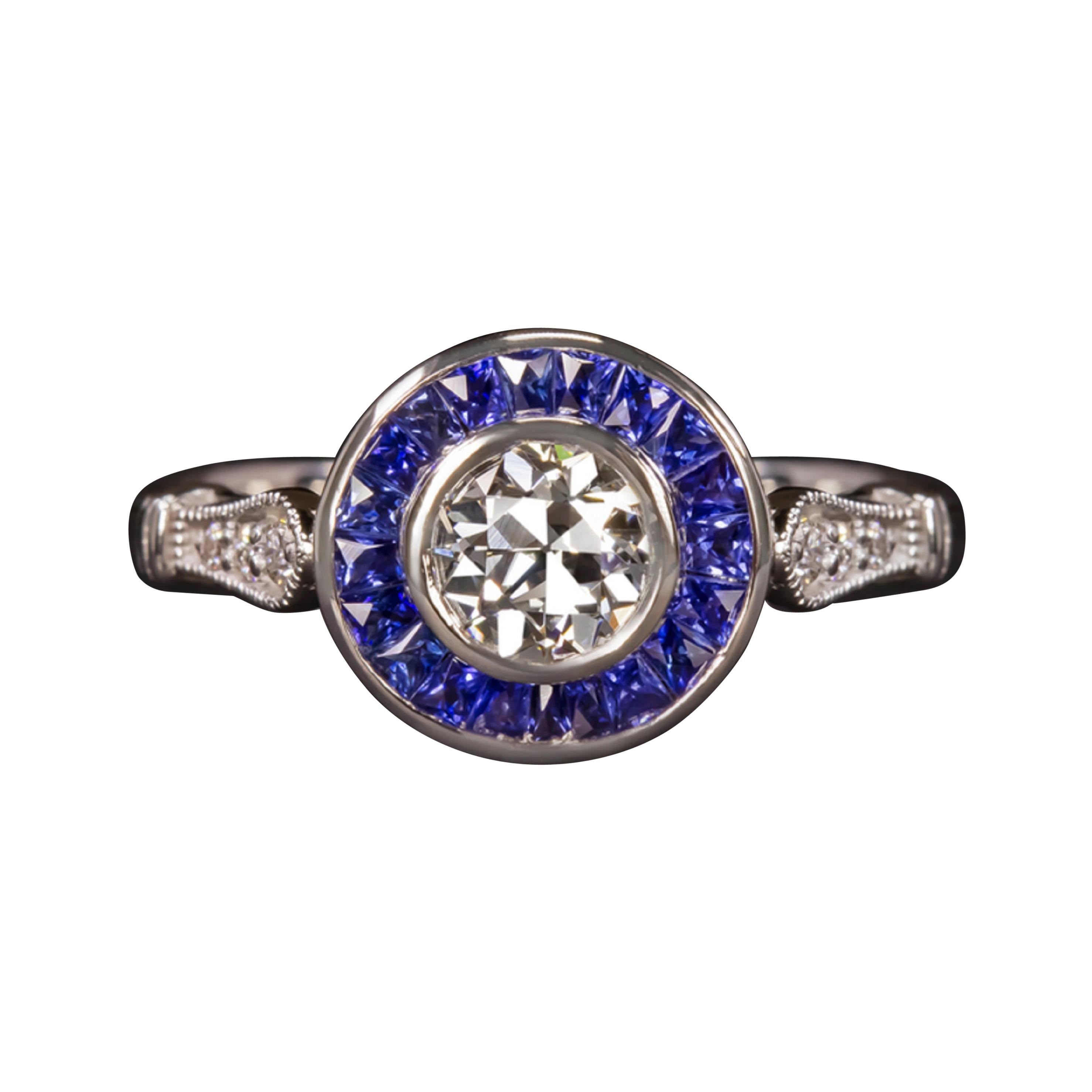 GIA Certified Art Deco Old European Diamond Sapphire Halo Ring