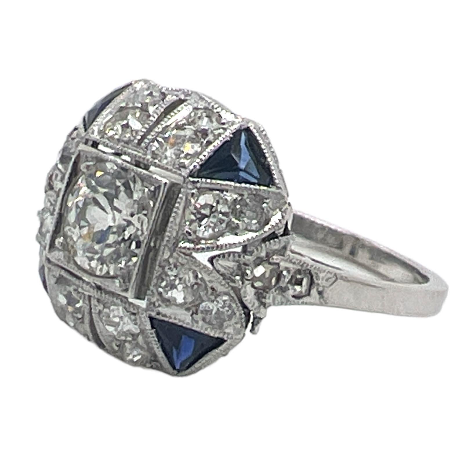 Old European Cut Art Deco Old European Diamond Sapphire Platinum Engagement Cocktail Ring