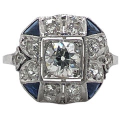 Art Deco Old European Diamond Sapphire Platinum Engagement Cocktail Ring