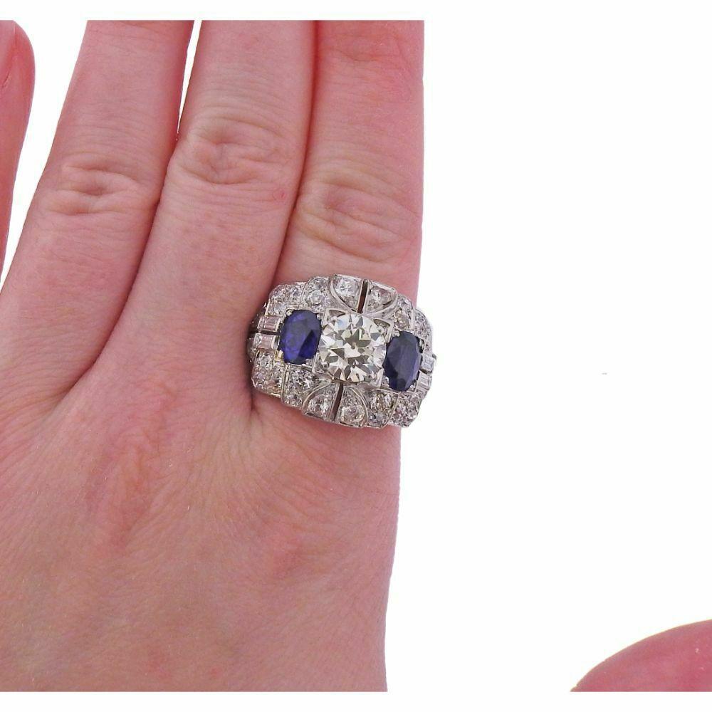 Art Deco Old European Diamond Sapphire Platinum Ring In Excellent Condition In Lambertville, NJ