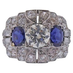 Art Deco Old European Diamond Sapphire Platinum Ring