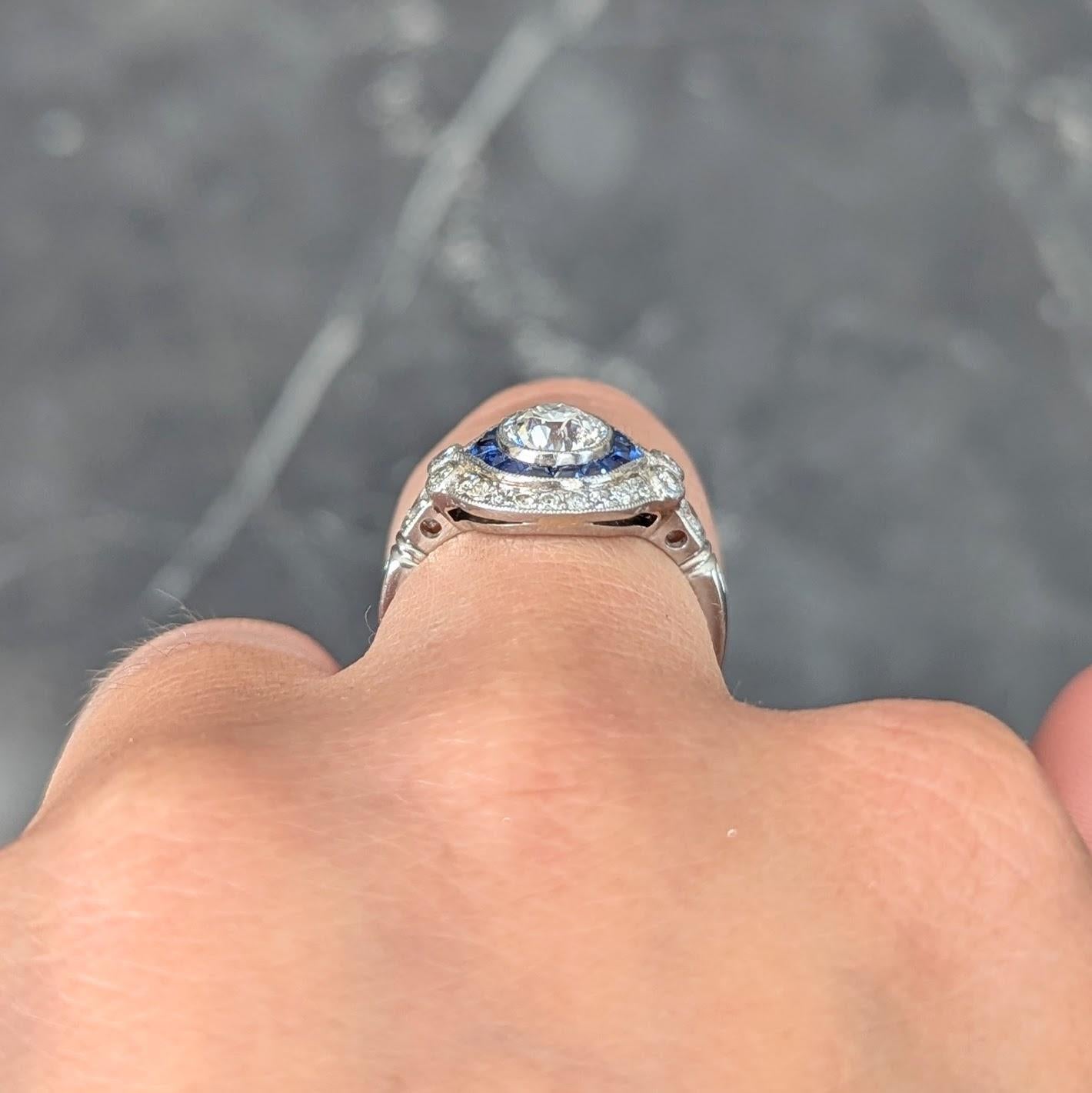 Art Deco Old European Diamond Sapphire Platinum Vintage Halo Engagement Ring For Sale 5