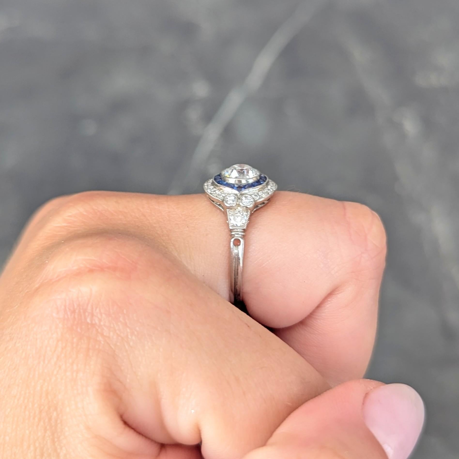 Art Deco Old European Diamond Sapphire Platinum Vintage Halo Engagement Ring For Sale 6