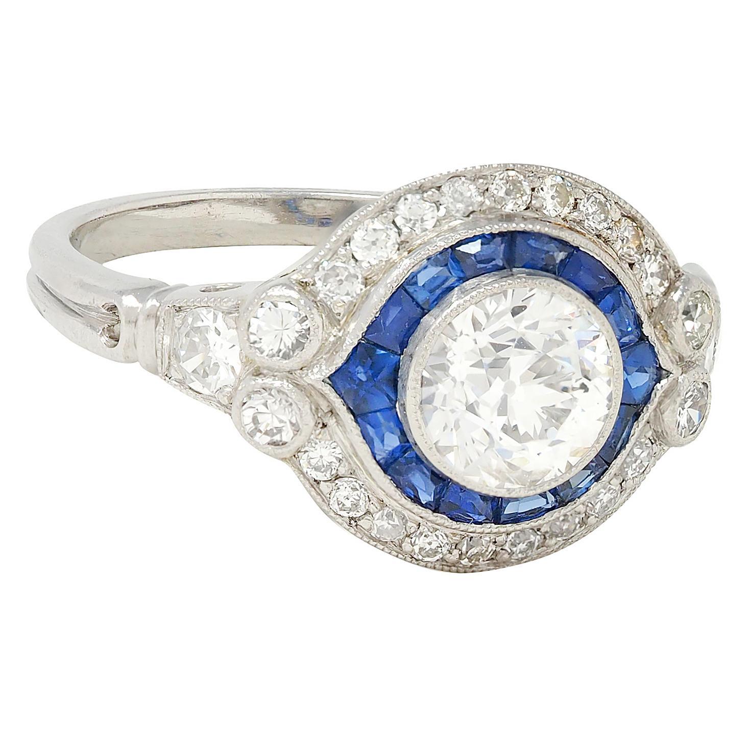 Old European Cut Art Deco Old European Diamond Sapphire Platinum Vintage Halo Engagement Ring For Sale