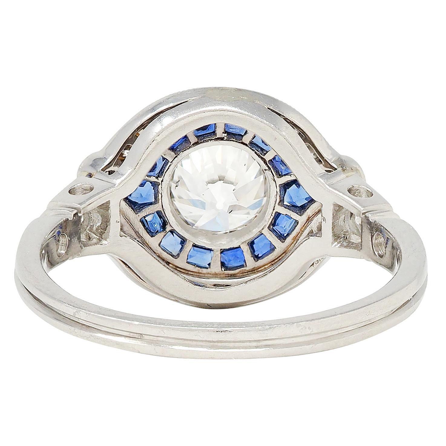 Art Deco Old European Diamond Sapphire Platinum Vintage Halo Engagement Ring For Sale 1