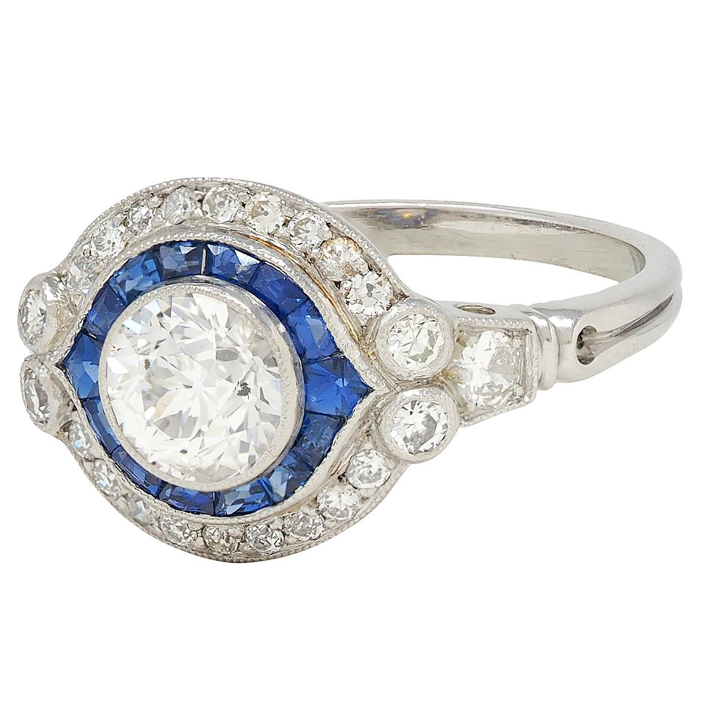 Art Deco Old European Diamond Sapphire Platinum Vintage Halo Engagement Ring For Sale 3