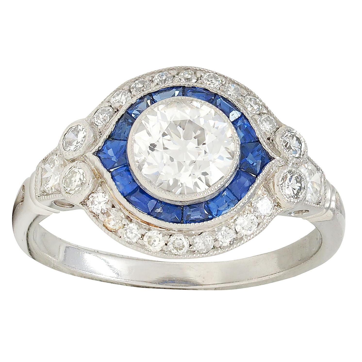 Art Deco Old European Diamond Sapphire Platinum Vintage Halo Engagement Ring For Sale 4