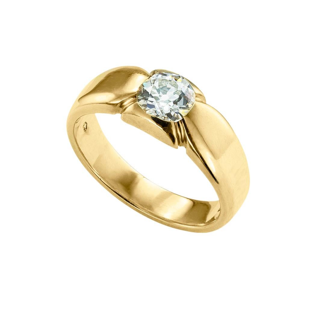 Art déco Art Deco Old European Diamond Yellow Gold Gentlemans Engagement Ring Size 9 en vente