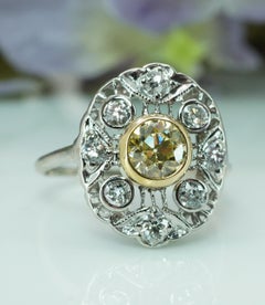 ART DECO Old European Fancy Yellow Diamond Platinum Ring Antique .65ct center