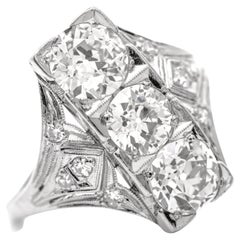 Art Deco Old European GIA Diamond Platinum Three Stone Filigree Engagement Ring