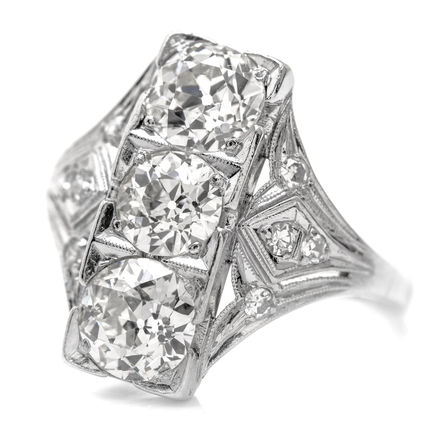 Women's or Men's Art Deco Old European GIA Diamond Platinum Three Stone Filigree Ring For Sale