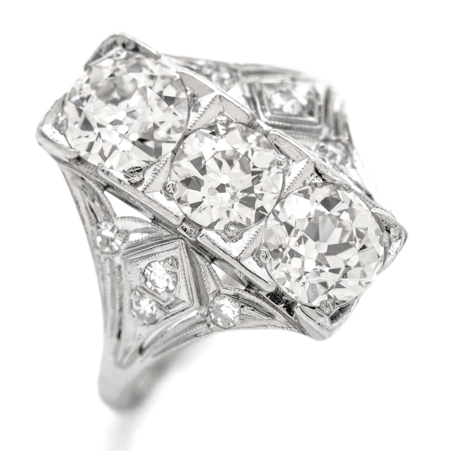 Art Deco Old European GIA Diamond Platinum Three Stone Filigree Ring For Sale 2