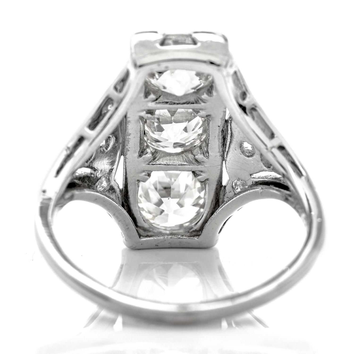 Art Deco Old European GIA Diamond Platinum Three Stone Filigree Ring For Sale 4