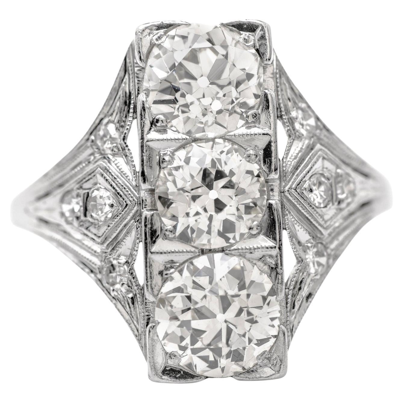 Art Deco Old European GIA Diamond Platinum Three Stone Filigree Ring For Sale
