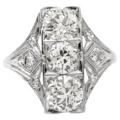 Antique Art Deco Old European GIA Diamond Platinum Three Stone Filigree Ring