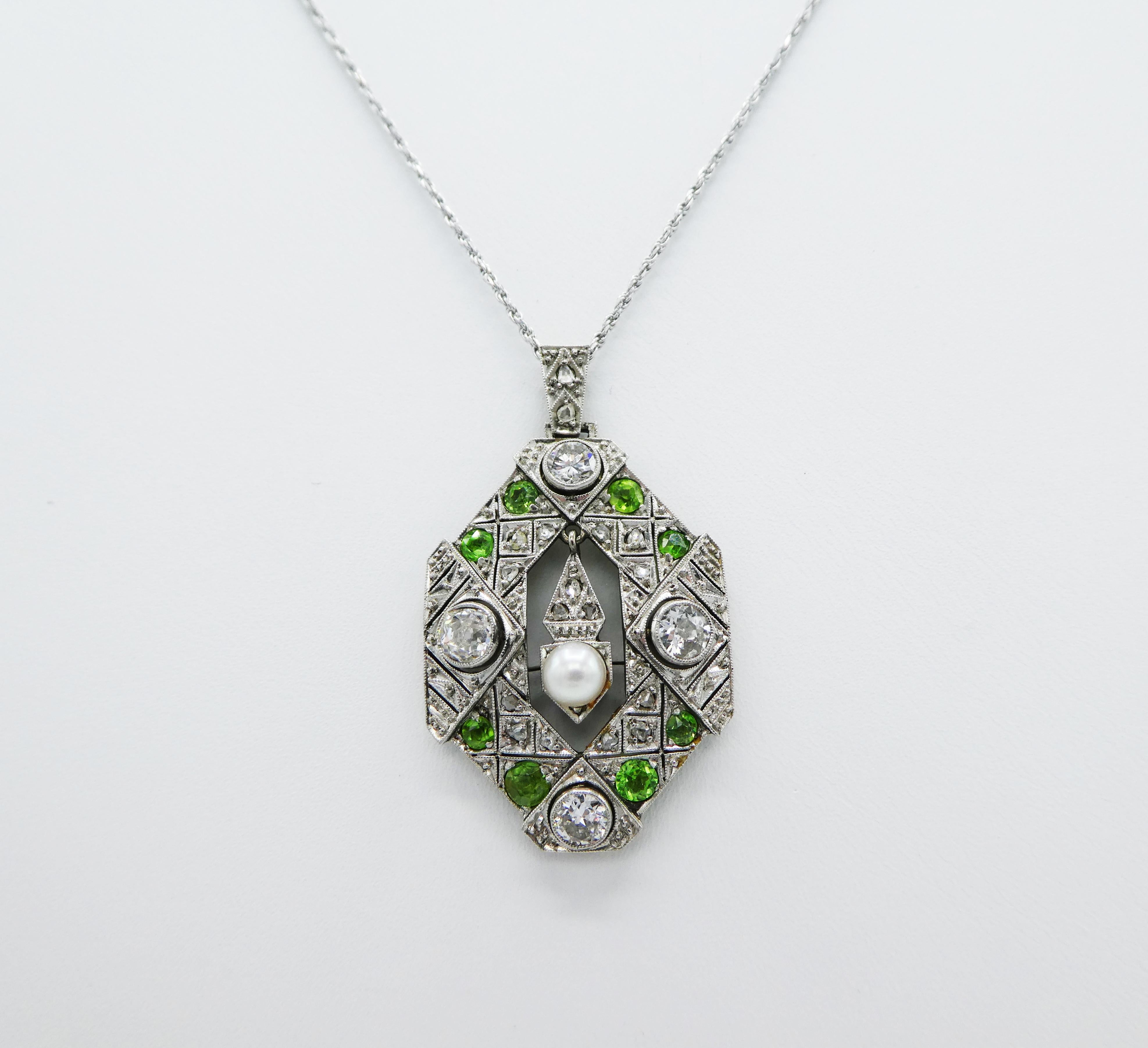 Old European Cut Art Deco Old European and Mine Cut Diamond Peridot Pearl Pendant Necklace