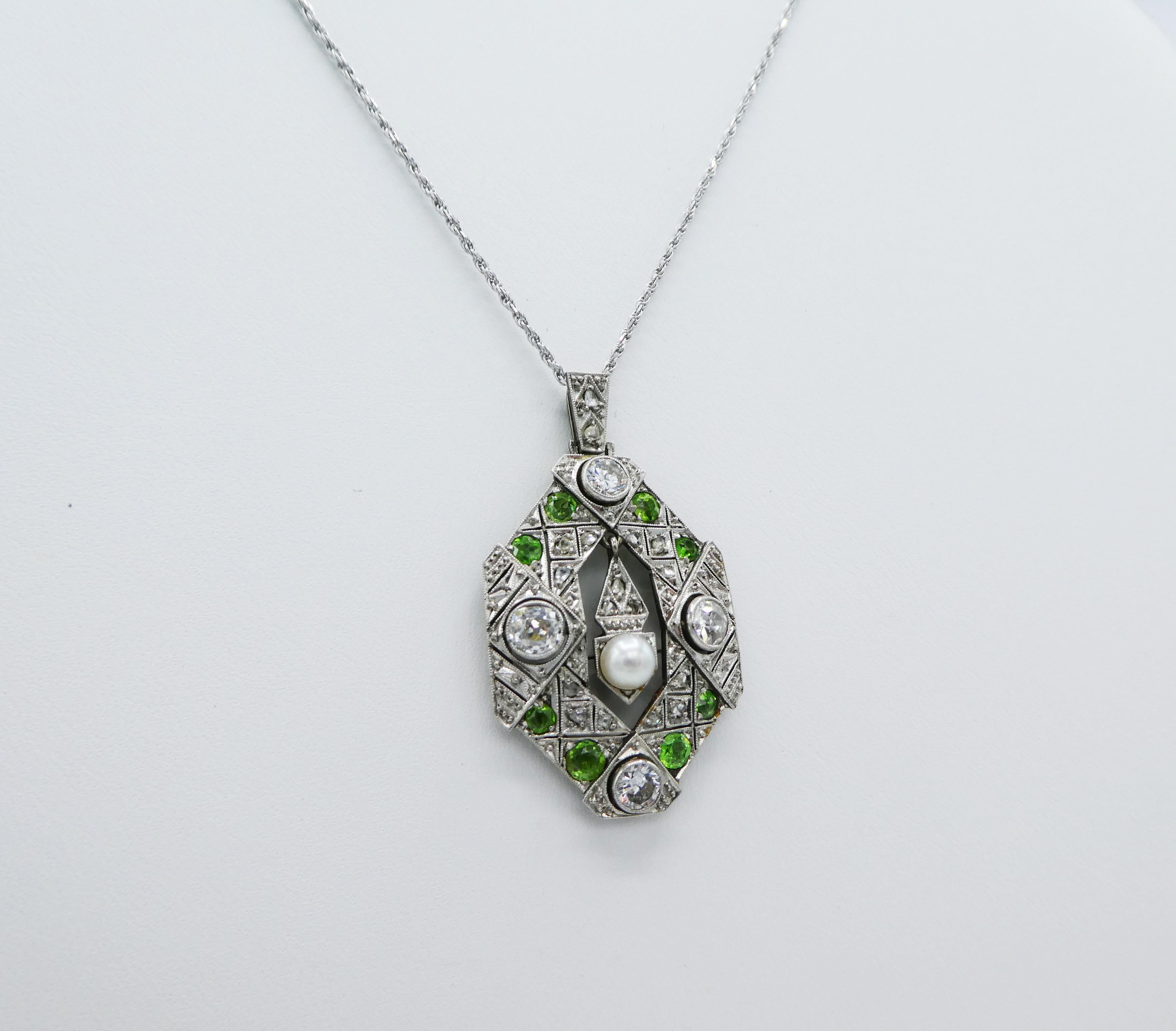 Art Deco Old European and Mine Cut Diamond Peridot Pearl Pendant Necklace In Good Condition In  Baltimore, MD