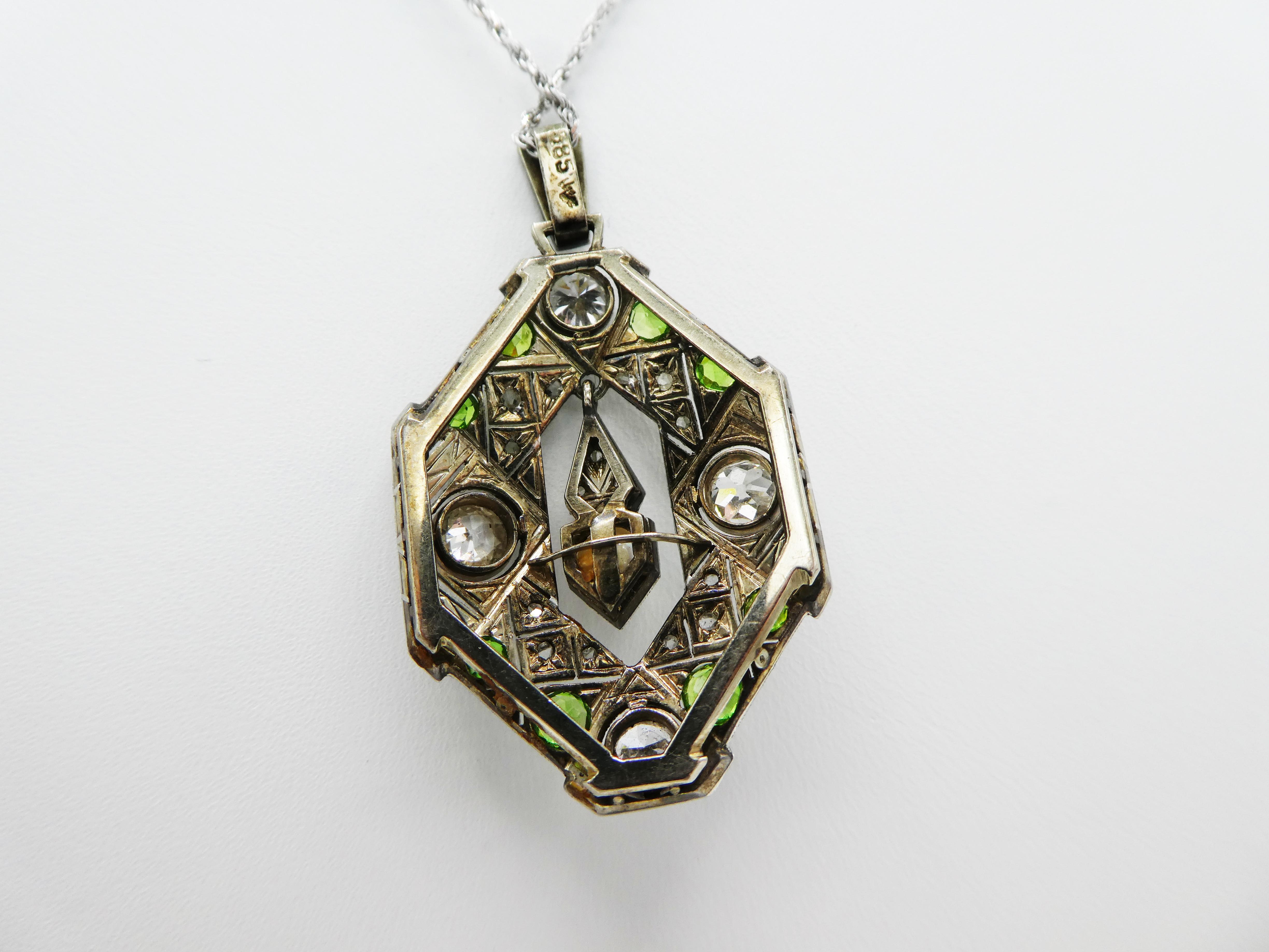 Art Deco Old European and Mine Cut Diamond Peridot Pearl Pendant Necklace 1