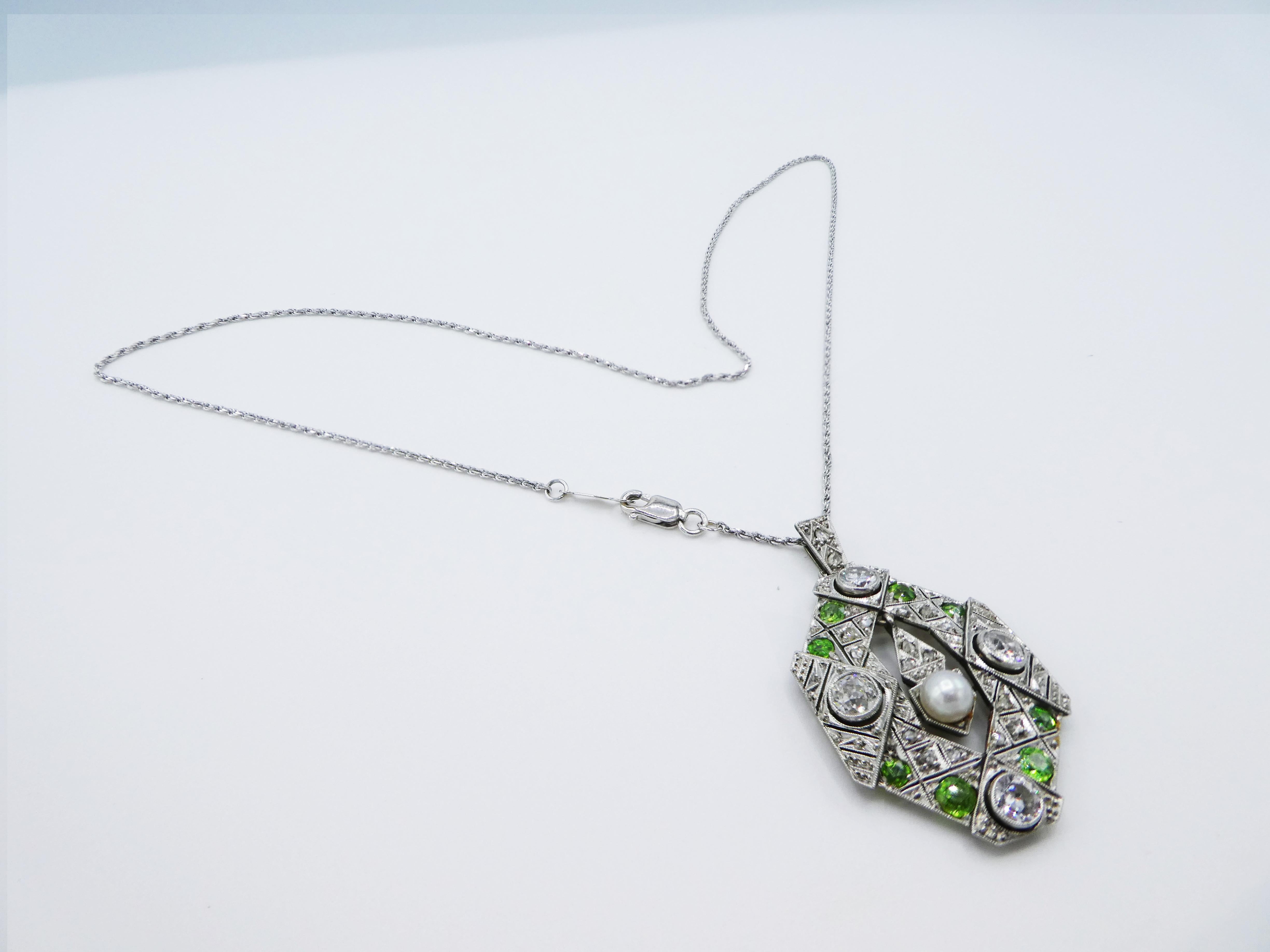 Art Deco Old European and Mine Cut Diamond Peridot Pearl Pendant Necklace 2