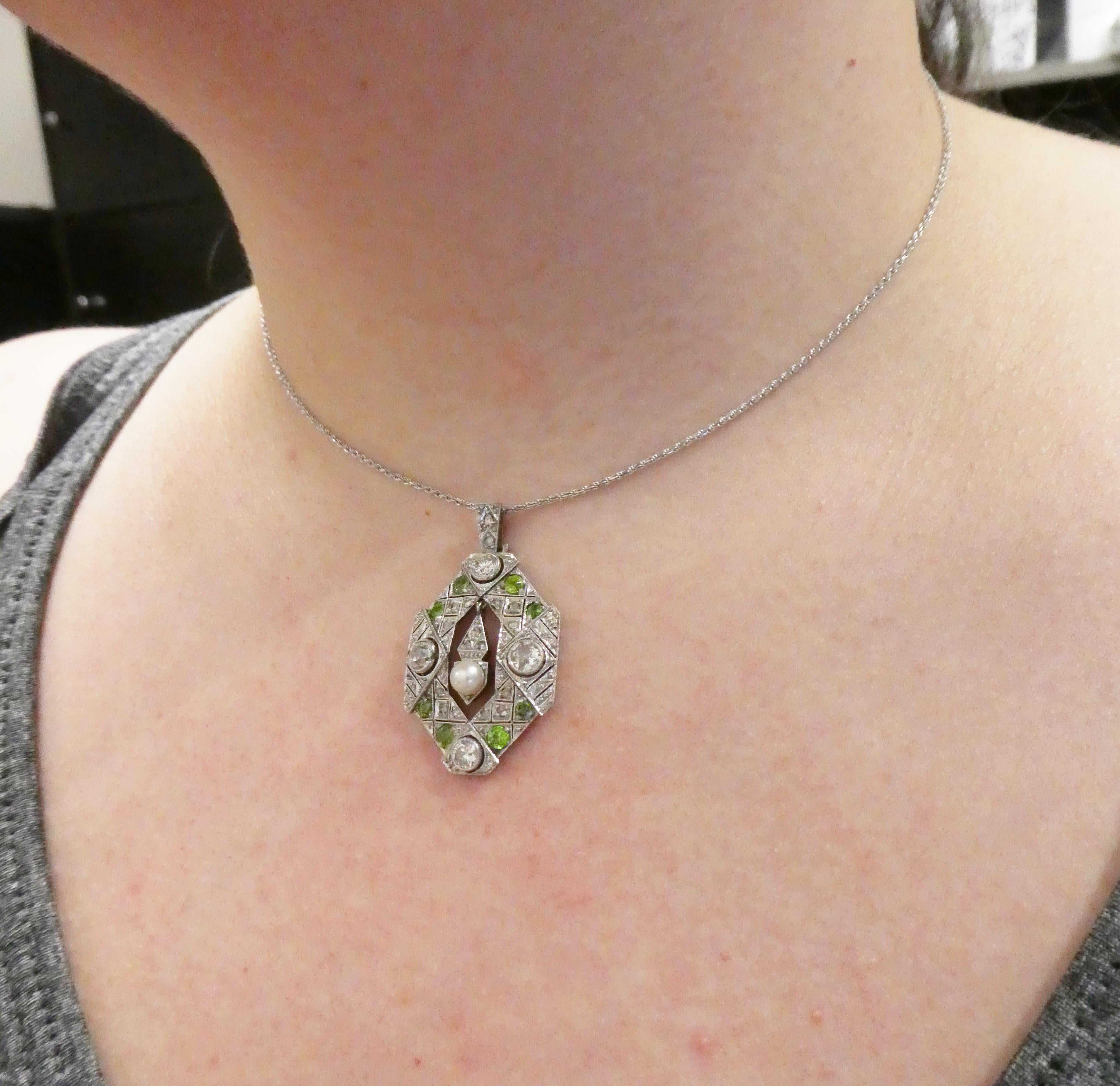 Art Deco Old European and Mine Cut Diamond Peridot Pearl Pendant Necklace 3