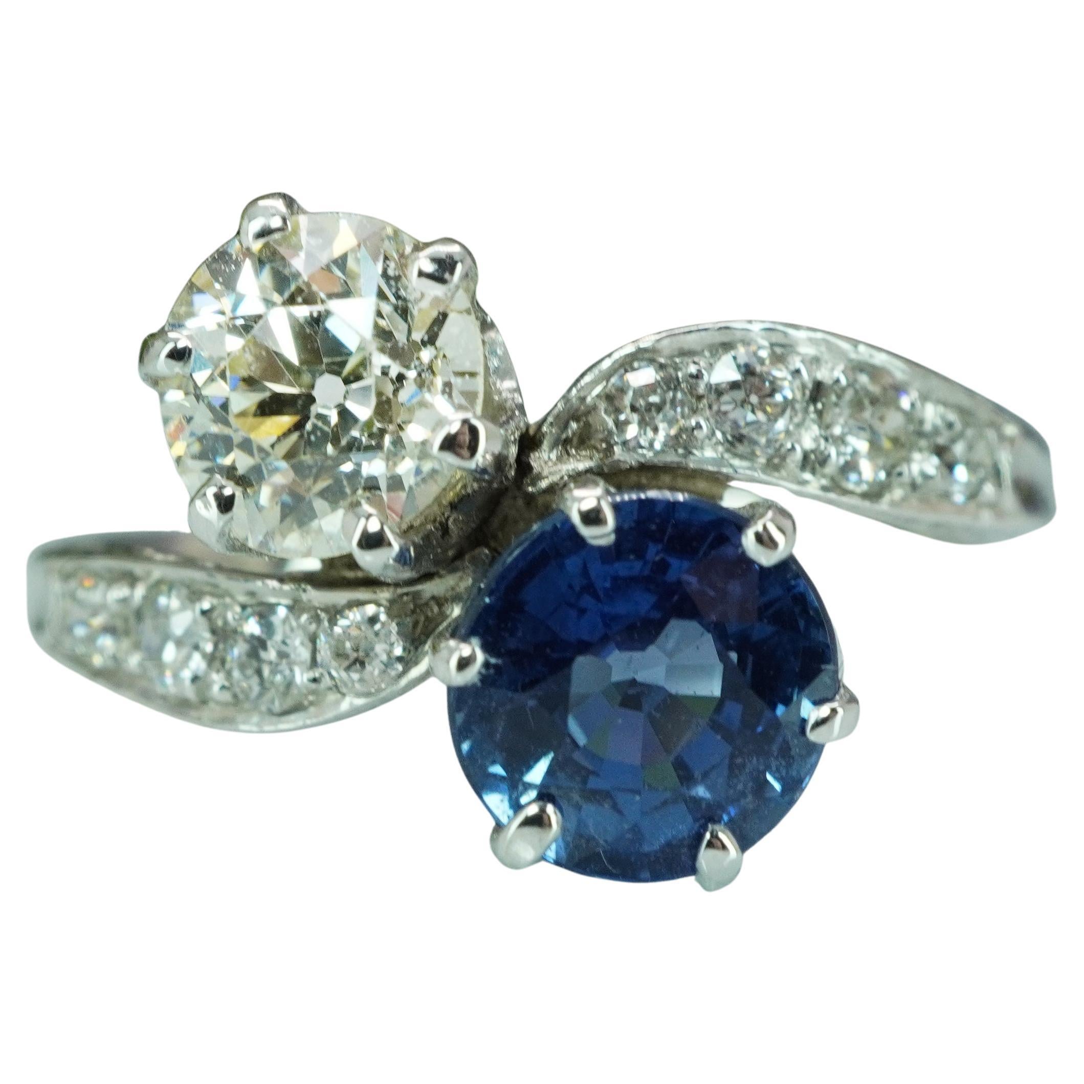 Art Deco Old European Mine Diamond Sapphire Ring Platinum Antique Toi et Moi