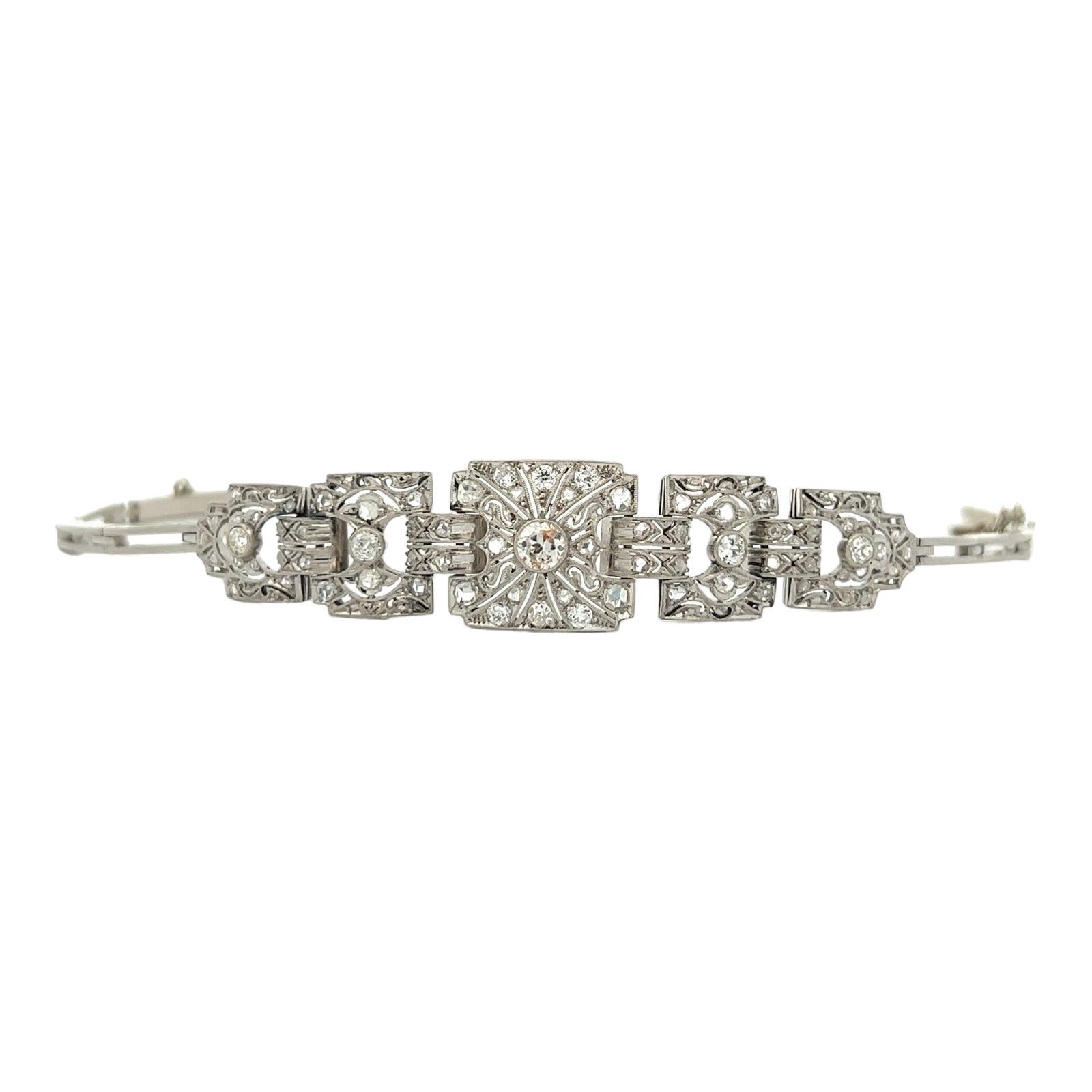 Women's Art Deco Old European & Old Mine Cut Diamond Platinum Antique Estate Bracelet 
