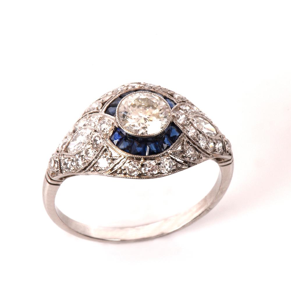 Art Deco Style Old European Sapphire Halo Platinum Dome Ring In Excellent Condition In Miami, FL