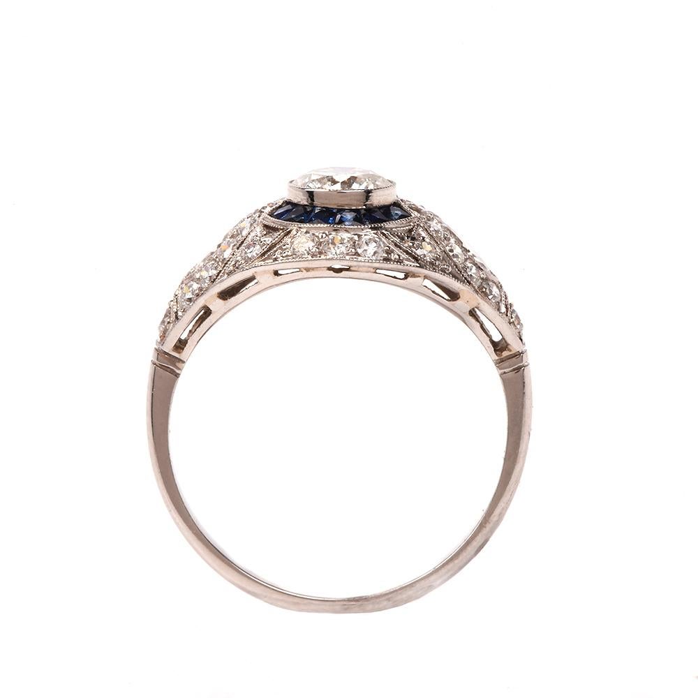Women's or Men's Art Deco Style Old European Sapphire Halo Platinum Dome Ring