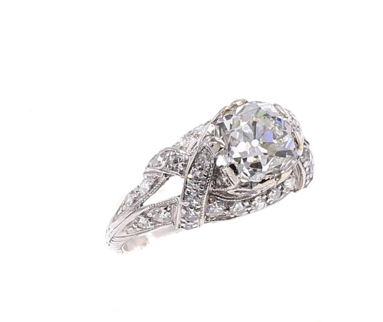Art Deco Old Mine Brilliant Certified Diamond Platinum Engagement Ring In Excellent Condition For Sale In New York, NY